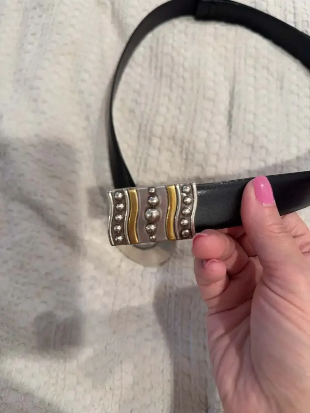 Chico's Small Black Split Leather Belt with Silver Tone Circle Buckle